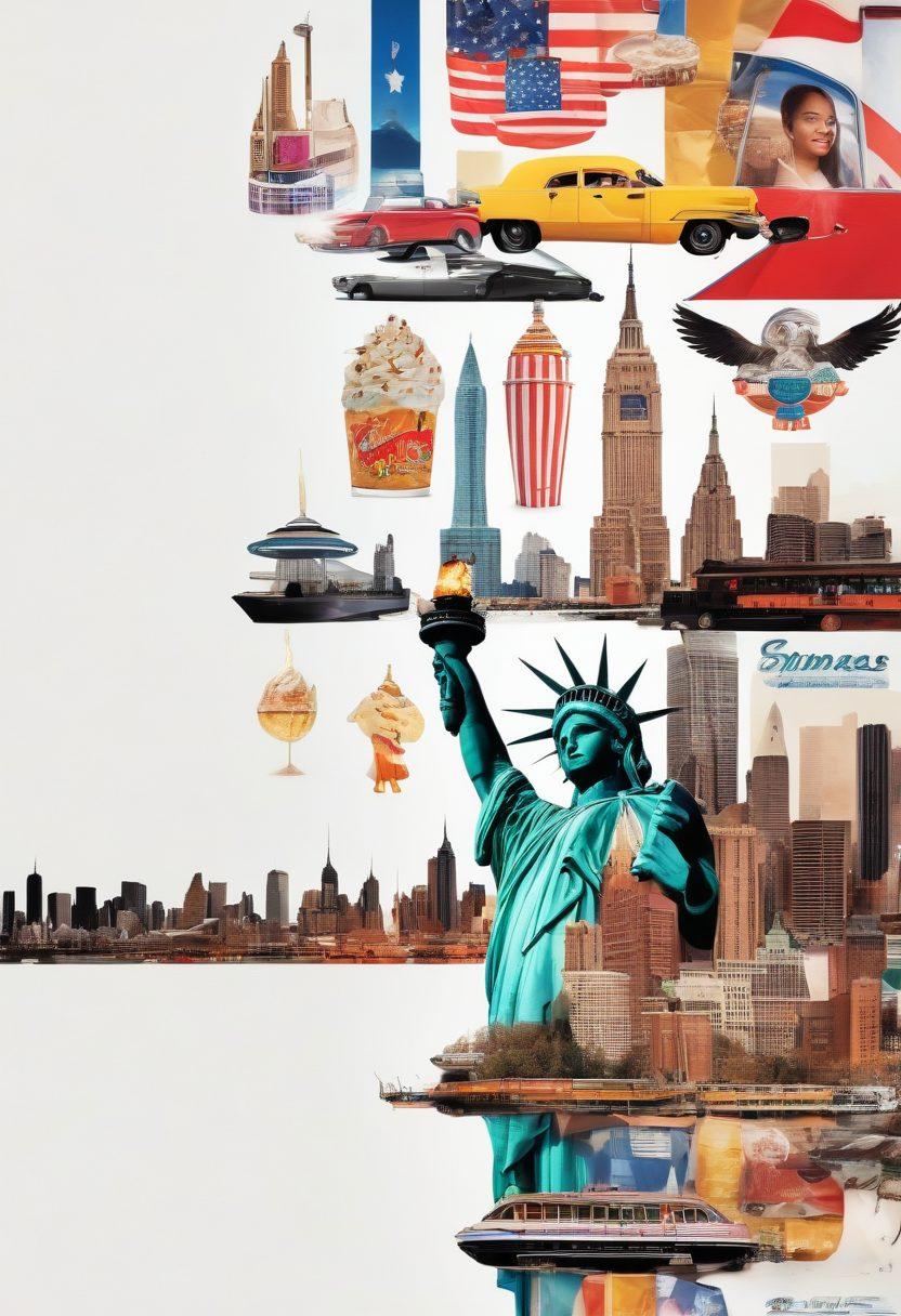 A vibrant collage of iconic American symbols - a bustling city skyline, a diverse group of people sharing stories at a diner, and elements representing pop culture such as music and film. Incorporate symbols from different US regions to highlight cultural diversity. Use warm, inviting colors to create an engaging atmosphere. super-realistic. vibrant colors. white background.