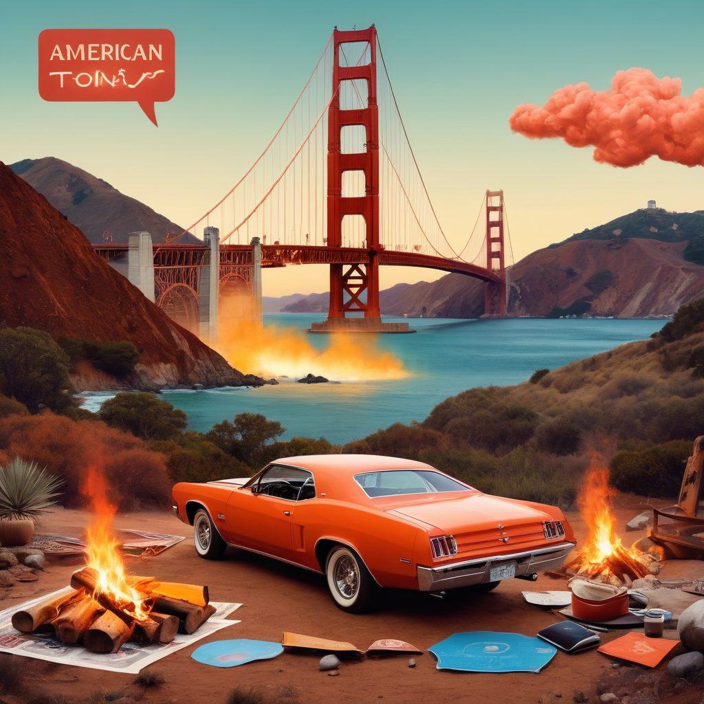 A vibrant collage illustrating the American landscape with iconic elements such as the Golden Gate Bridge, Route 66, and a diverse group of storytellers sharing tales around a campfire. Incorporate digital elements like glowing text bubbles and pixelated visuals symbolizing digital communication. The color palette should be warm and inviting, capturing the essence of American culture. surrealism. vivid colors. 3D.