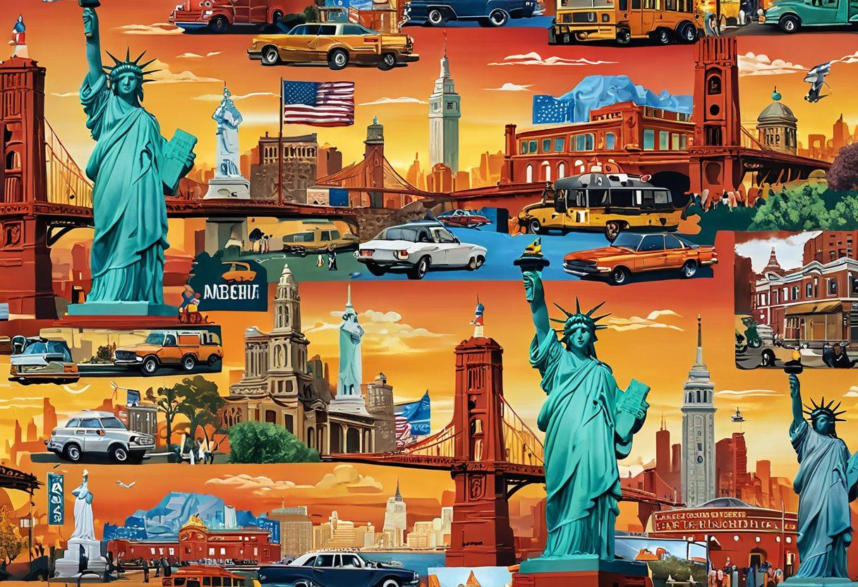 A vibrant collage showcasing iconic American landmarks such as the Statue of Liberty, the Golden Gate Bridge, and a quaint Main Street scene, featuring diverse people enjoying food, music, and art. The background should depict a sunset with warm colors that reflect the essence of American culture and lifestyle. A subtle hint of traditional symbols like the American flag can be added. super-realistic. vibrant colors. 3D.